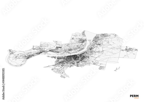 Vector map of Perm, Russia, highlighting highways and road networks. Detailed and modern design, ideal for urban planning, infrastructure analysis, or educational purposes.