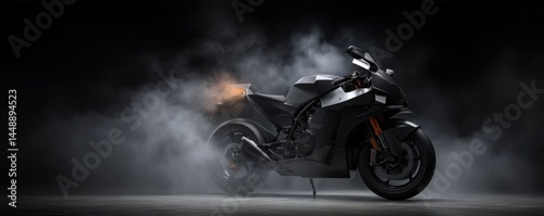 Sleek Black Motorcycle in Smoky Atmosphere