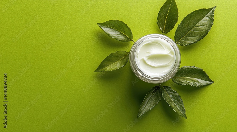 Top view of a jar of cosmetic cream surrounded by leaves. Top view of a jar of cosmetic cream surrounded by leaves.