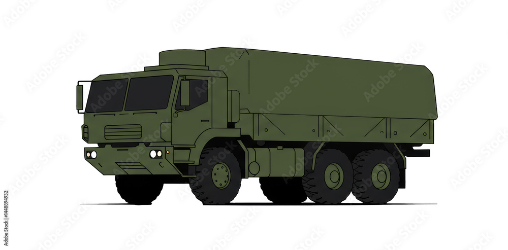 Fototapeta premium Minimalist military transport truck in flat graphic art on a clean white background