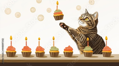 Cat playing with colorful cupcake decor. Happy birthday funny cat white background