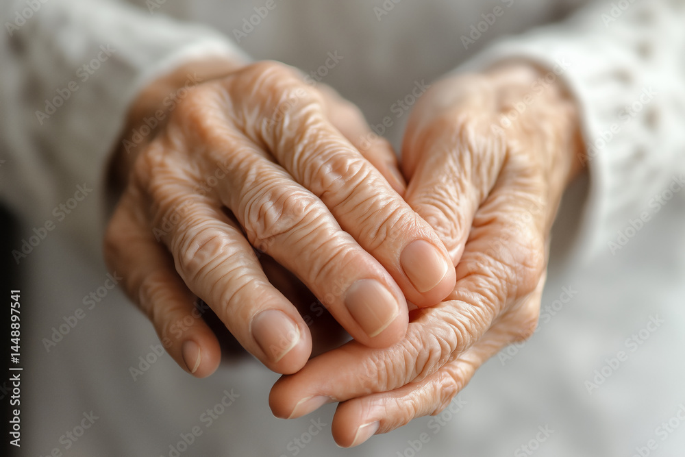 Fototapeta premium The hands of an elderly woman with arthritis are visible in close-up