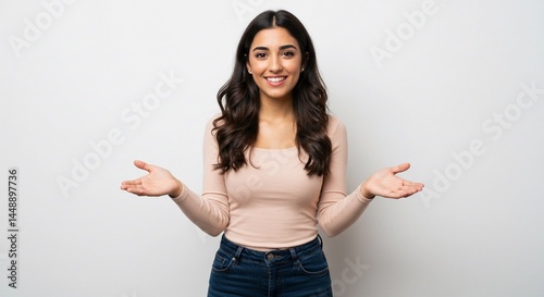 Smiling woman with open arms wearing a long sleeved shirt and jeans against a white background