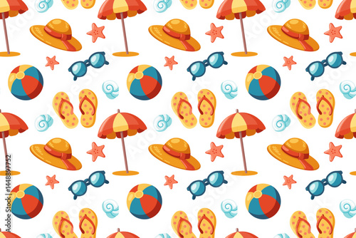 Seamless Pattern with colorful Beach Balls, striped Umbrellas, yellow Flip-flops, Sunglasses, Shells and red Starfish