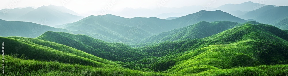 Fototapeta premium Lush Green Mountainside Landscape with Dense Vegetation Hilly Terrain and Light Mist in Tropical Environment with Panoramic View on an Overcast Day
