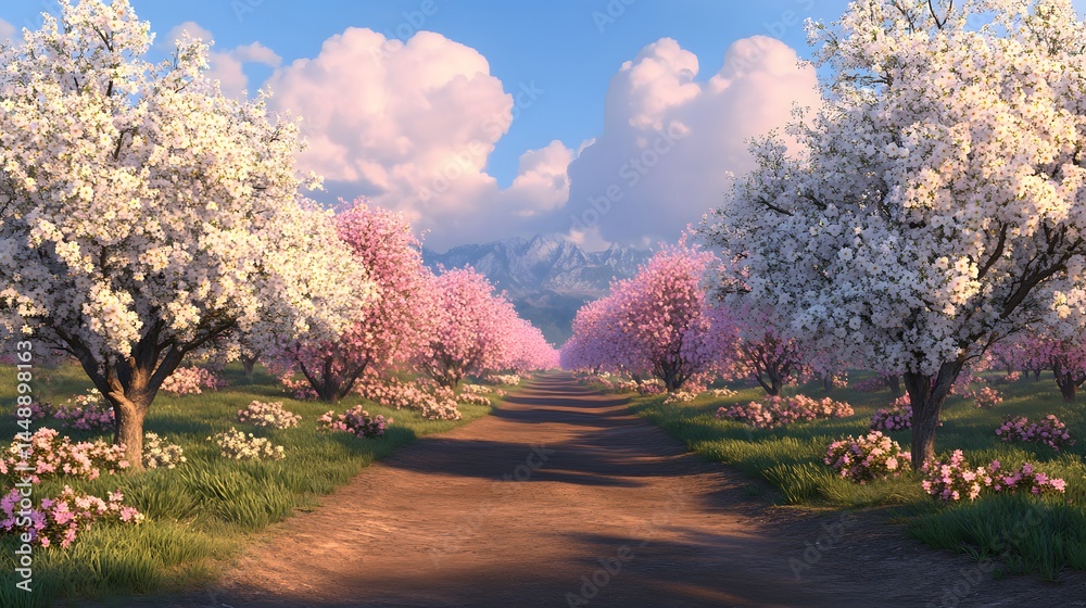 Serene spring landscape with a dirt road winding through a blossoming orchard. Pink and white cherry trees line the path, leading towards majestic mountains under a vibrant sky. Serene spring landscape with a dirt road winding through a blossoming orchard. Pink and white cherry trees line the path, leading towards majestic mountains under a vibrant sky.