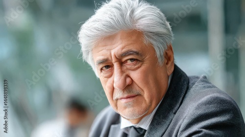 A mature Hispanic businessman exudes confidence and seriousness while engaging directly with the camera.