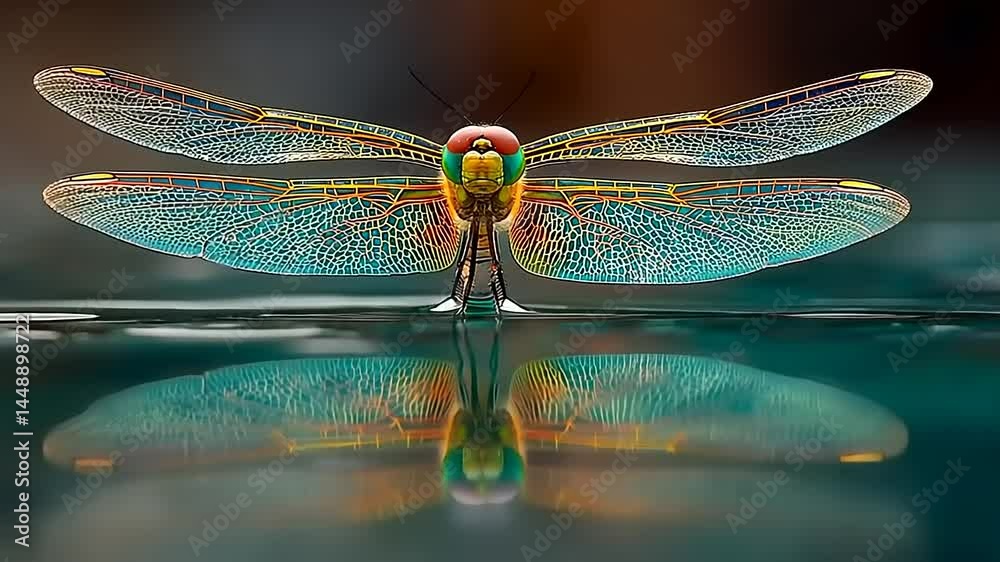 Vibrant dragonfly perched on a reflective surface, showcasing intricate wing patterns and colors