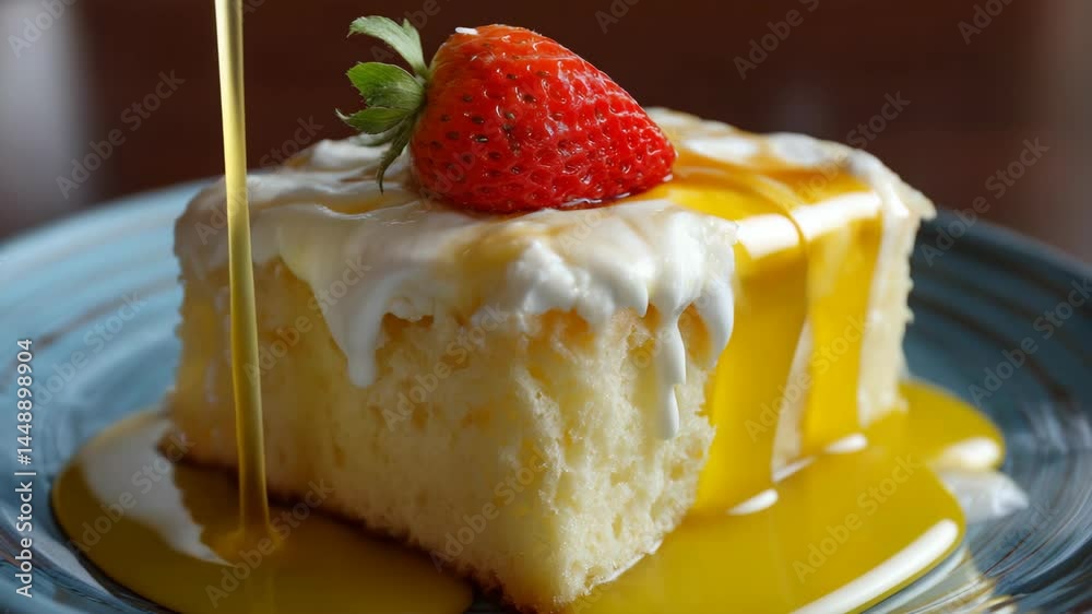 Close-up of a single portion of cake dessert with cream, syrup being poured, and a strawberry topping on a plate.