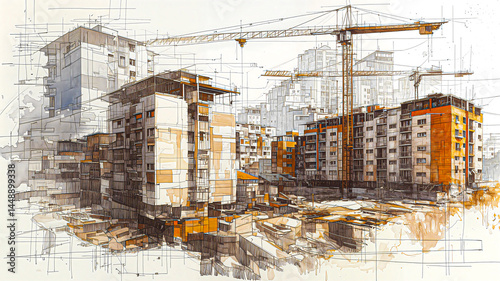 Watercolor sketch of residential apartment construction with tower cranes