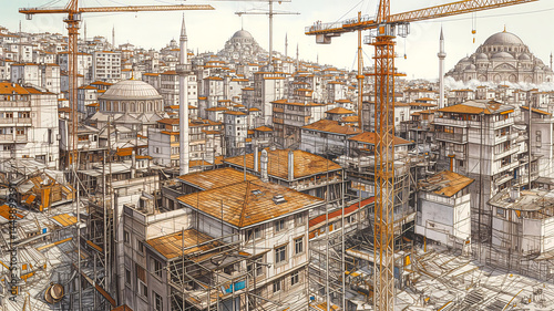 Detailed watercolor marker sketch of Istanbul housing under construction