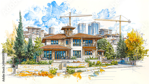 Watercolor architectural sketch of detached modern Turkish villas with trees