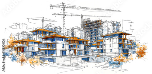 Watercolor line sketch of modern housing complex under construction
