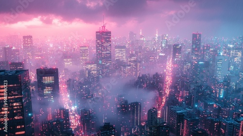 Wallpaper Mural Cityscape at Night with Pink Sky and Foggy Mist Overview Torontodigital.ca