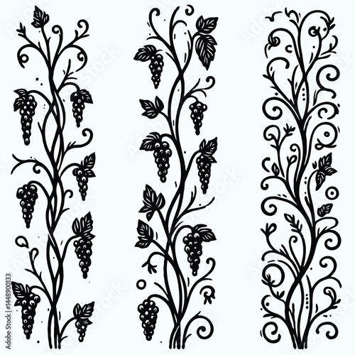 Set of silhouettes vine branches leaves. Grapes vineyard, grapevine black and white illustration. Wine labels design, branding Borders hand drawn decorative vines and berries. Elegant botanical motifs
