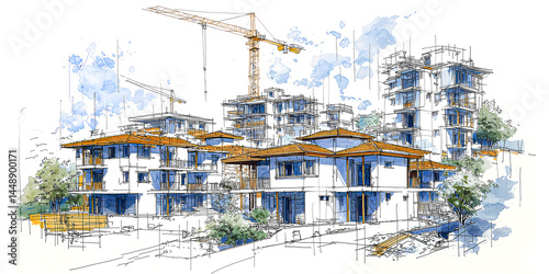 Colorful watercolor marker sketch of suburban residential project with cranes