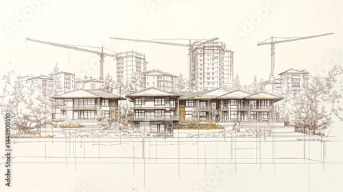 Fine marker architectural sketch of low-rise villas with urban skyline