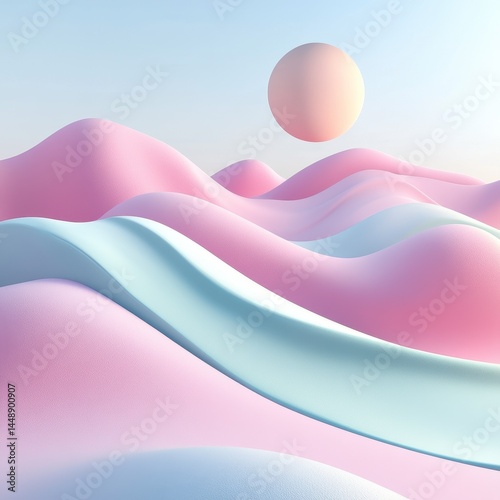 Abstract Pastel Landscape with Floating Sphere and Soft Curving Hills Under Soft Light