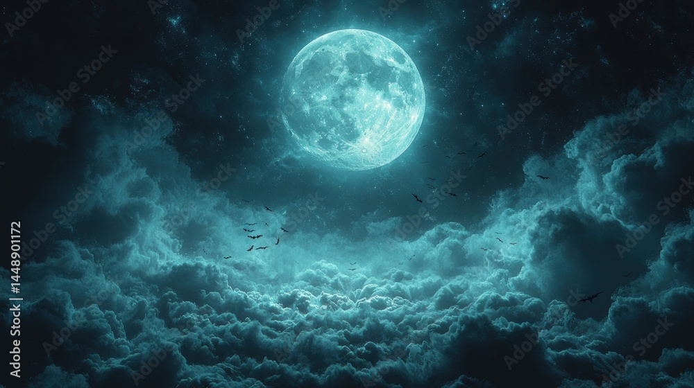 Fototapeta premium Full Moon Over Clouds with Flying Bats at Night Background
