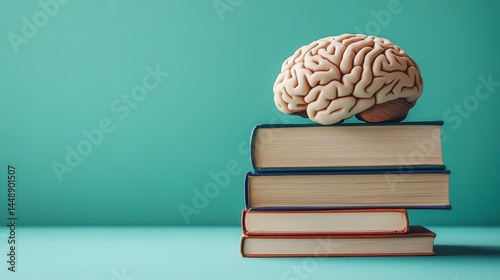 Brain Model Stacked Atop Vintage Books on Teal Background Concept for Education Knowledge and Artificial Intelligence
