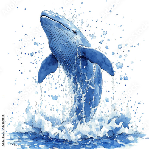 Blue Whale Spouting, watercolor vector, isolated on a white background.