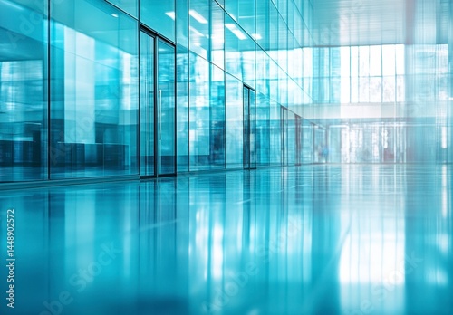 Empty Blue Toned Modern Hallway Interior with Glass Walls and Reflected Light on Polished Floor