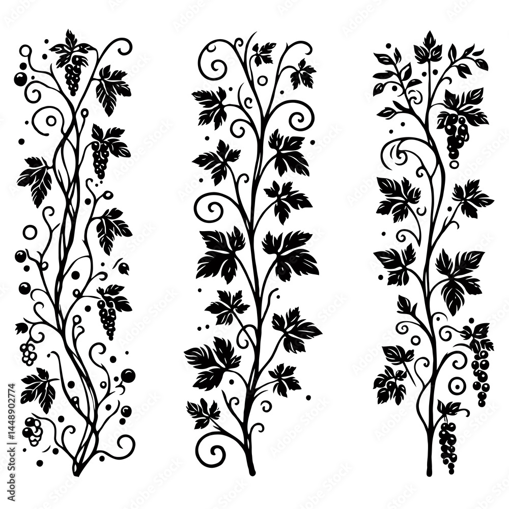 Obraz premium Set of silhouettes vine branches leaves. Grapes vineyard, grapevine black and white illustration. Wine labels design, branding Borders hand drawn decorative vines and berries. Elegant botanical motifs