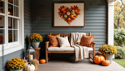Fall porch decor featuring pumpkins, mums, and cozy seating in a suburban setting during autumn afternoon