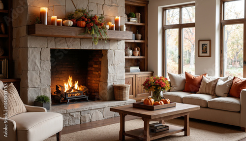 Cozy living room with a stone fireplace and autumn decorations in a bright, inviting atmosphere