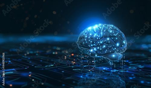 Abstract futuristic digital brain on a blue background, an artificial intelligence concept