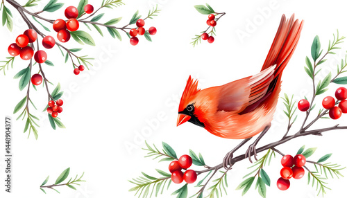 Christmas set, watercolor border. Cardinal bird, mistletoe, holly, spruce branch on white background. Hand painting winter holiday design, magazine photoshoot. with white shades