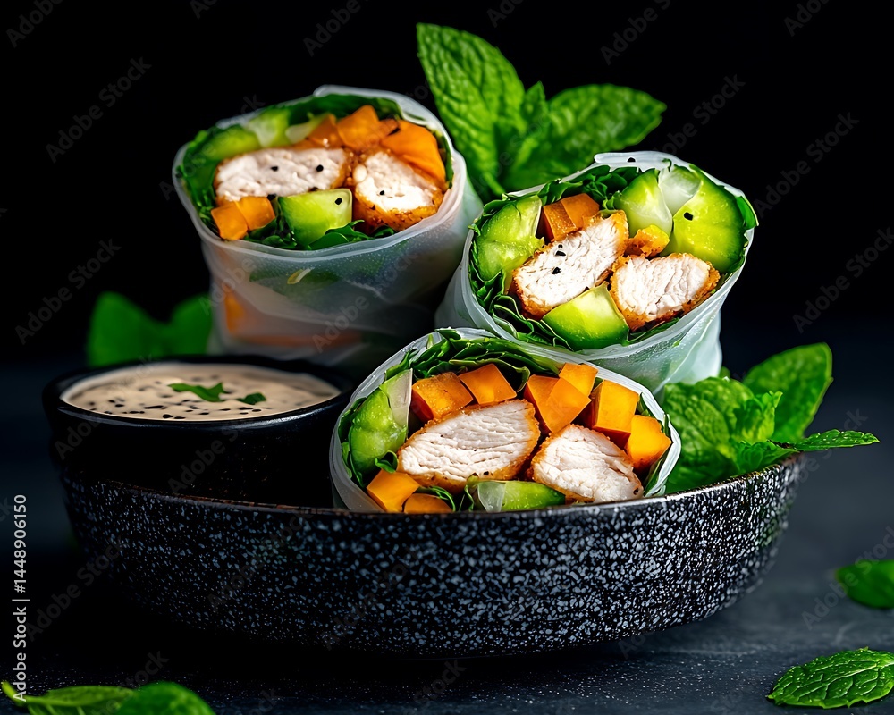 Fresh spring rolls with chicken, carrots, and cucumber Fresh spring rolls with chicken, carrots, and cucumber