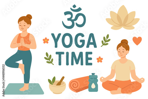 Yoga set of a woman practicing yoga with yoga mat , water bottle, mindfulness, lotus flower and Om symbol vector design for wellness, meditation, self care and helthy lifestyle themes