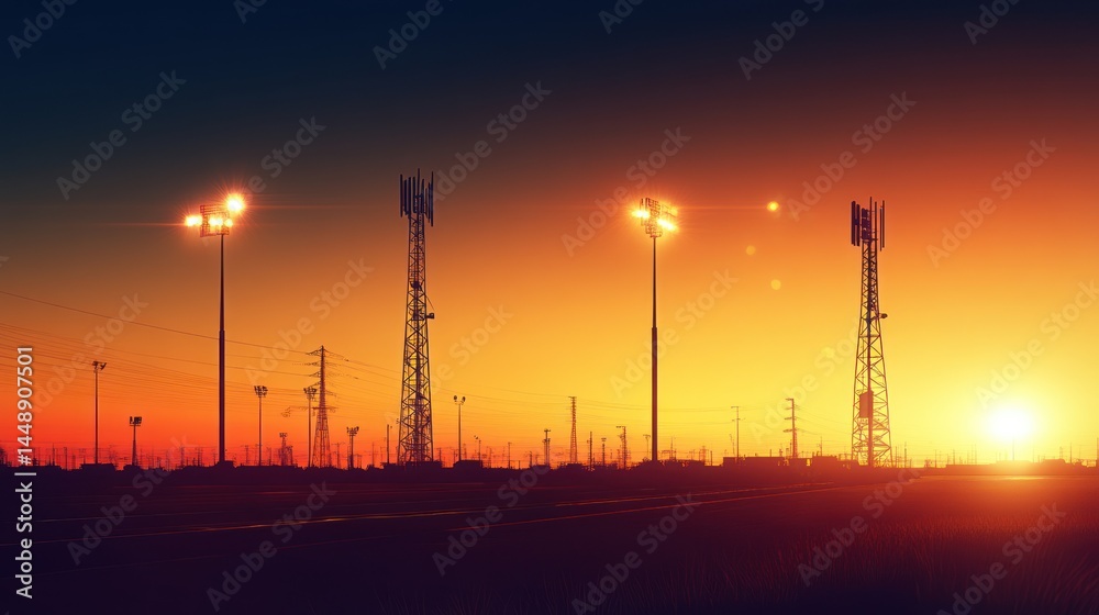 Fototapeta premium Sunset Silhouette: Telecommunication Towers and City Lights