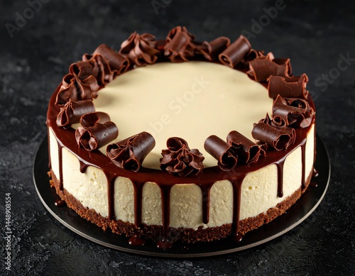 Decadent chocolate vanilla cheesecake with chocolate curls on dark background