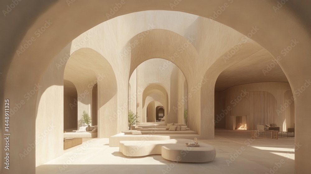 Fototapeta premium Beige interior architectural design with arched passageways.