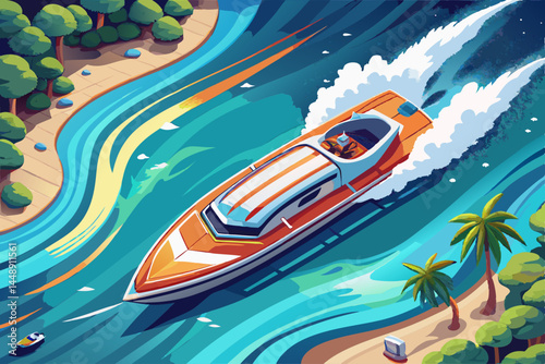 vector of Aerial view of a speedboat in the open sea