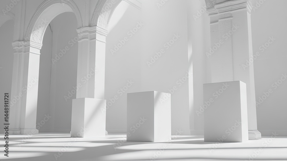 Fototapeta premium Elegant, white architectural interior with empty display platforms.