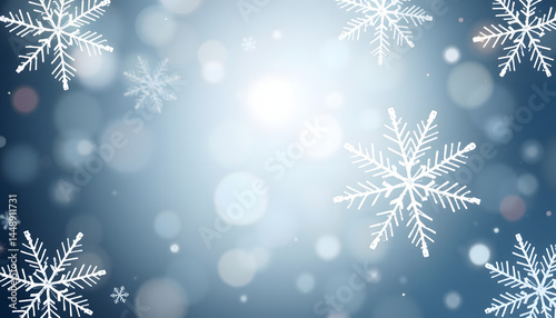 Snowflake Festive Background. Elegant, Crystalline Seasonal Banner with copy-space, studio lighting. with white shades