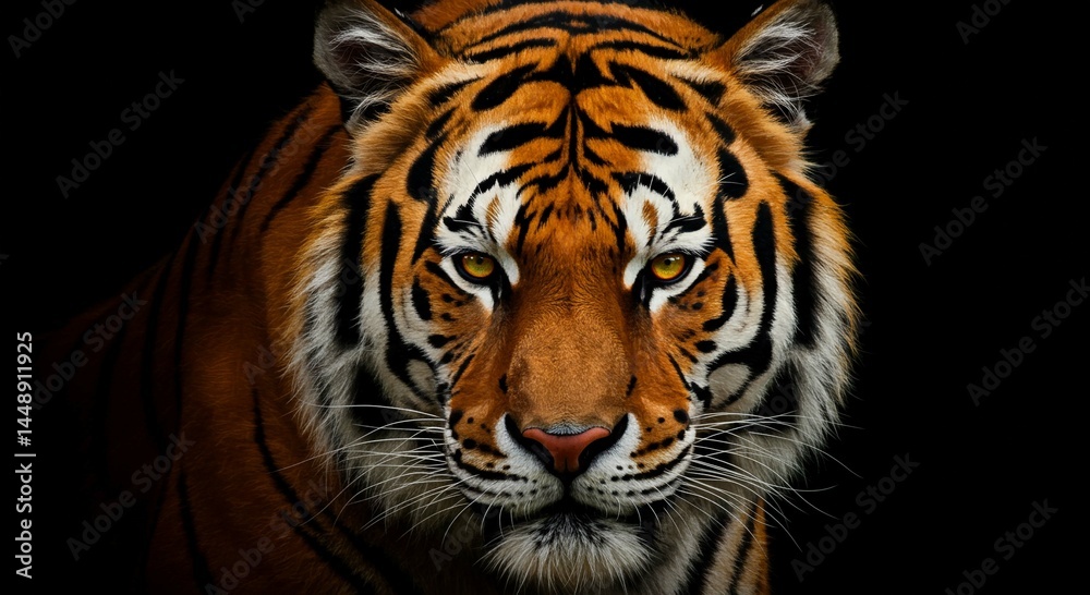 Fototapeta premium Majestic Bengal Tiger Close up Portrait Against Black Background
