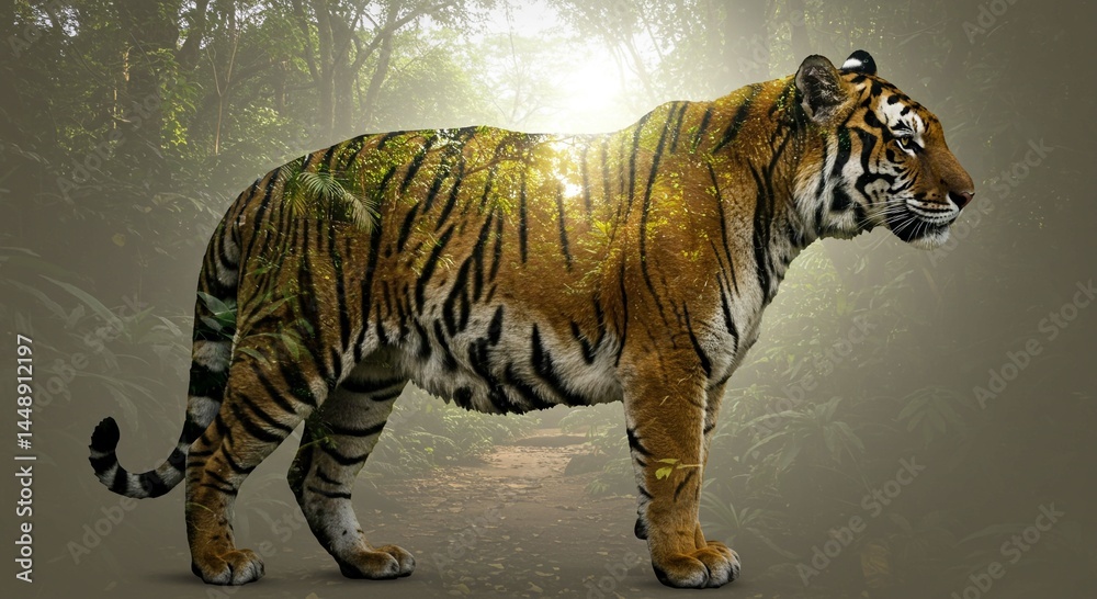 Obraz premium Majestic Tiger in Lush Jungle Double Exposure Wildlife Photography