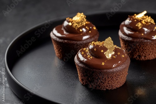 Elegant chocolate cupcakes with gold leaf on black plate