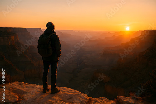 Hiker at Canyon Overlook During Golden Hour