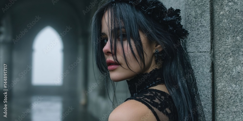 Fototapeta premium Mysterious Gothic Girl in Foggy Alley