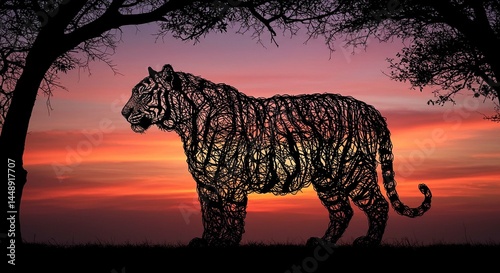 Intricate Wire Tiger Silhouette at Sunset Wildlife Art Nature Scene