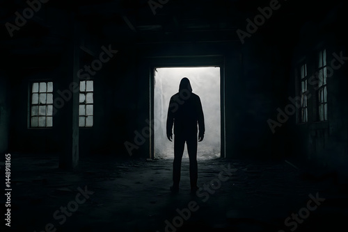 Hooded Man Standing in Lighted Doorway - Dark Dramatic Scene