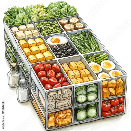 watercolor of Bento Box With Neat Compartments, vector, isolated on a white background.