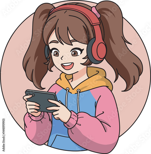 Anime Girl Playing Mobile Game illustration