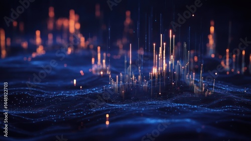 Abstract digital city, data points, glowing structures.  Dark background.  Colorful structures emerge from a sea of data points