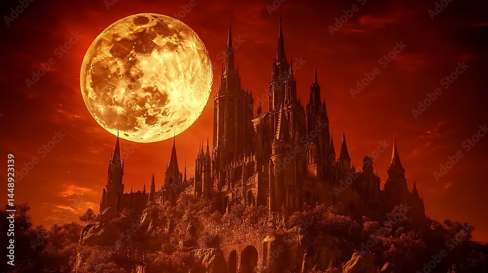 Naklejka premium Gothic castle under fiery moon